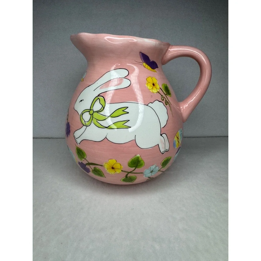 Gates Ware Easter Bunny Ceramic Pitcher Pink Floral Spring Rabbit‎ Large Juice